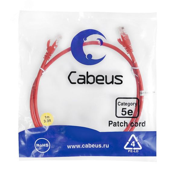 Патч-корд U/UTP, категория 5е, 2xRJ45/8p8c, неэкранированный, красный, PVC, 1м Cabeus PC-UTP-RJ45-Cat.5e-1m-RD