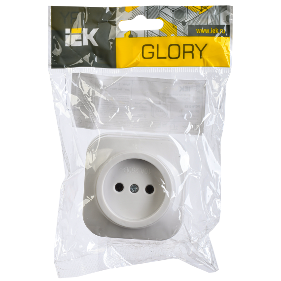 GLORY Розетка 1-местная для открытой установки без заземления без защитных шторок 10А РС20-2-ХБ белый IEK