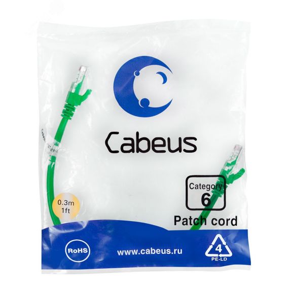 Патч-корд U/UTP, категория 6, 2xRJ45/8p8c, неэкранированный, зеленый, PVC, 0.3м Cabeus PC-UTP-RJ45-Cat.6-0.3m-GN