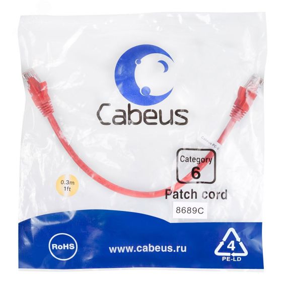 Патч-корд U/UTP, категория 6, 2xRJ45/8p8c, неэкранированный, красный, PVC, 0.3м Cabeus PC-UTP-RJ45-Cat.6-0.3m-RD