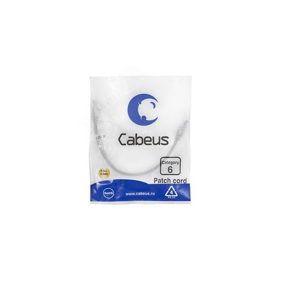 Патч-корд U/UTP, категория 6, 2xRJ45/8p8c, неэкранированный, серый, PVC, 0.3м Cabeus PC-UTP-RJ45-Cat.6-0.3m