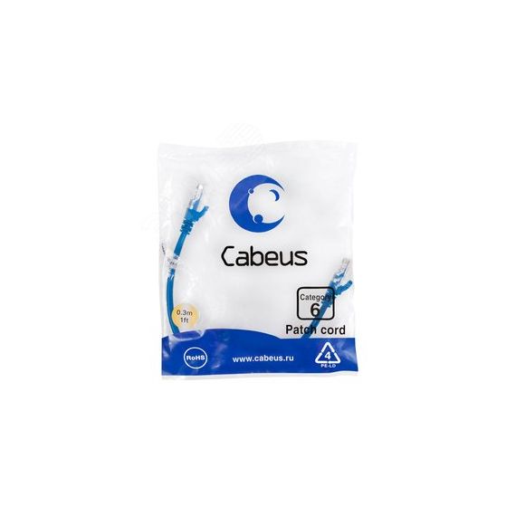 Патч-корд U/UTP, категория 6, 2xRJ45/8p8c, неэкранированный, синий, PVC, 0.3м Cabeus PC-UTP-RJ45-Cat.6-0.3m-BL
