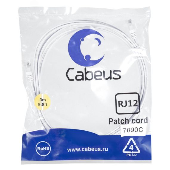 Патч-корд телефонный 2х6р4с, белый, PVC, 3 м Cabeus PC-TEL-RJ12-3m