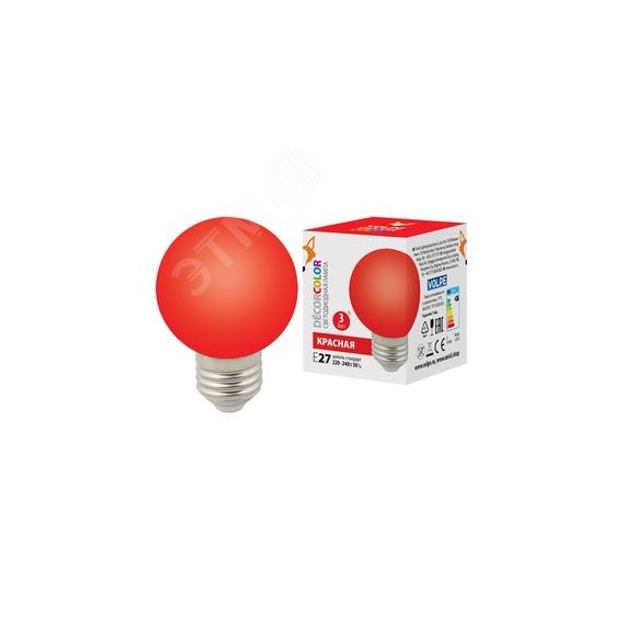 Лампа декоративная светодиодная LED-G60-3W/RED/E27/FR/С Форма шар матовая Цвет красный Картон ТМ Volpe Uniel UL-00006959
