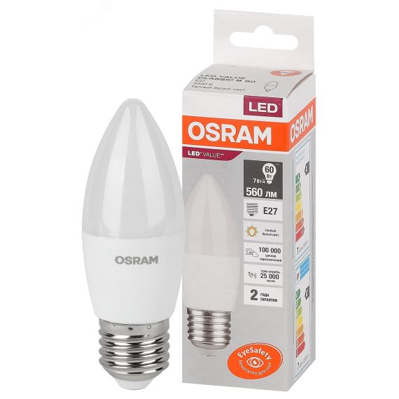 Лампа светодиодная LED 7 Вт E27 3000К 560Лм свеча 220 В (замена 60Вт) OSRAM LEDVANCE 4058075579446