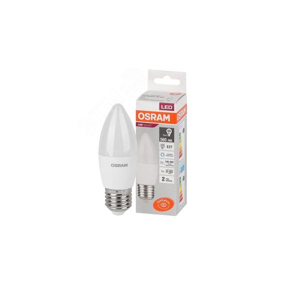 Лампа светодиодная LED 7 Вт E27 6500К 560Лм свеча 220 В (замена 60Вт) OSRAM LEDVANCE 4058075579507