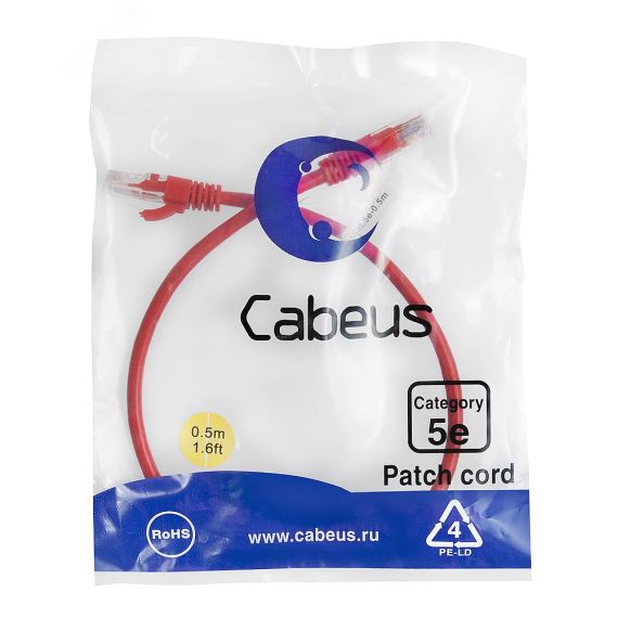 Патч-корд U/UTP, категория 5е, 2xRJ45/8p8c, неэкранированный, красный, PVC, 0.5м Cabeus PC-UTP-RJ45-Cat.5e-0.5m-RD