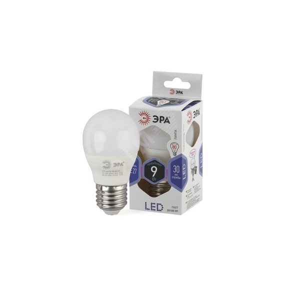 Лампа светодиодная LED P45-9W-860-E27 (диод, шар, 9Вт, хол, E27 (10/100/3000) ЭРА Б0031412