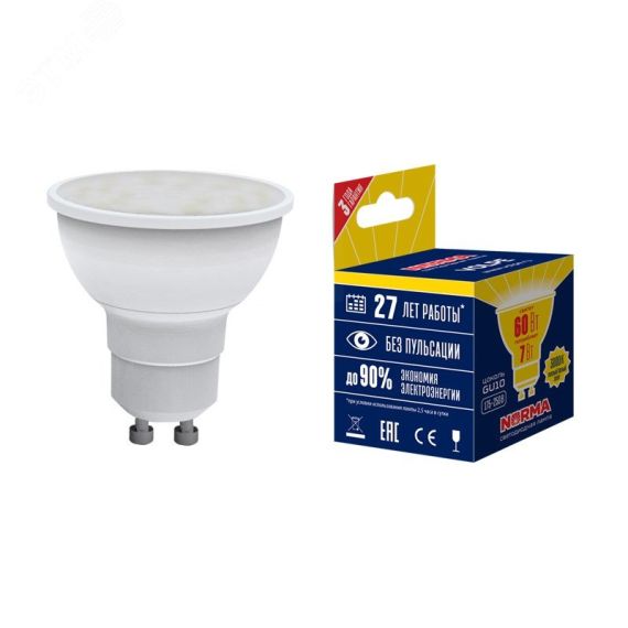 Лампа светодиодная LED-JCDR-7W/WW/GU10/NR Форма JCDR, матовая. Серия Norma. Теплый белый свет (3000K). Картон. ТМ Volpe Uniel UL-00003838