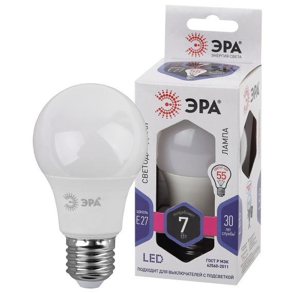 Лампа светодиодная LED A60-7W-860-E27 (диод, груша, 7Вт, хол, E27) (10/100/1500) ЭРА Б0044087