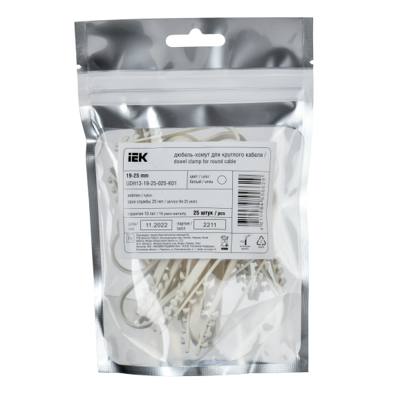 Дюбель-хомут 19-25мм для круглого кабеля нейлон белый (25шт/упак) IEK