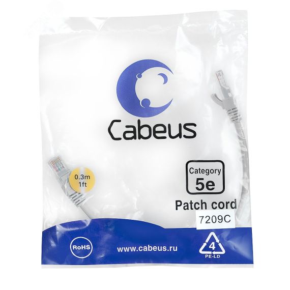 Патч-корд U/UTP. категория 5е. 2xRJ45/8p8c.       неэкранированный. серый. PVC. 0.3м Cabeus PC-UTP-RJ45-Cat.5e-0.3m