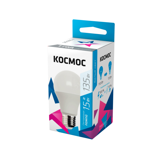 Лампа светодиодная LED 15Вт 220В Е27 D60х108 4500 белый A60 КОСМОС LkecLED15wA60E2745