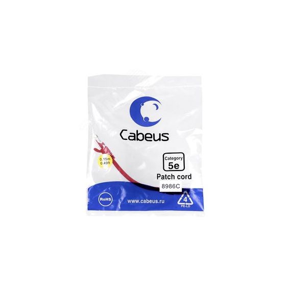 Патч-корд U/UTP, категория 5е, 2xRJ45/8p8c, неэкранированный, красный, LSZH, 0.15м Cabeus PC-UTP-RJ45-Cat.5e-0.15m-RD-LSZH