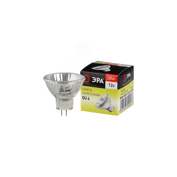 Лампа накаливания галогенная GU4-MR11-20W-12V-30CL (галоген, софит, 20Вт, нейтр, GU4) (10/200/12000) ЭРА C0027361