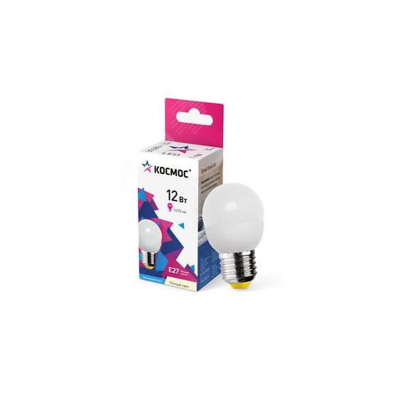 Лампа светодиодная LED 12Вт Шар 220В Е27 D45х90 3000К теплый 1070 лм КОСМОС LkeLED12wGL45E2730