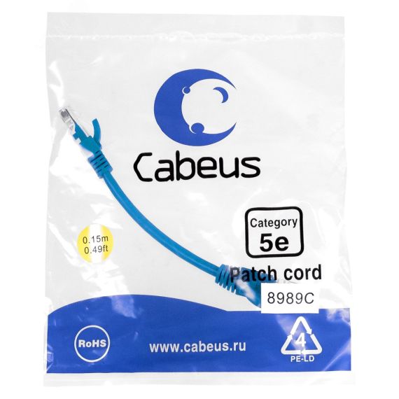 Патч-корд U/UTP, категория 5е, 2xRJ45/8p8c, неэкранированный, синий, PVC, 0.15м Cabeus PC-UTP-RJ45-Cat.5e-0.15m-BL