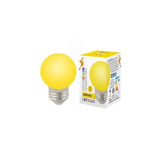 Лампа декоративная светодиодная LED-G45-1W/YELLOW/E27/FR/С Форма шар матовая. Цвет желтый Картон Uniel UL-00005649