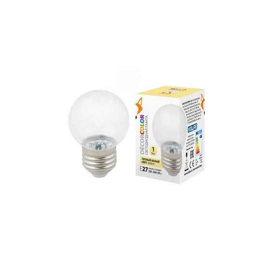 LED-G45-1W/3000K/E27/CL/С Лампа декоративная      светоддиодная. Форма шар, прозрачная. Теплый белыйсвет (3000K). Картон. ТМ Volpe. Uniel UL-00005807