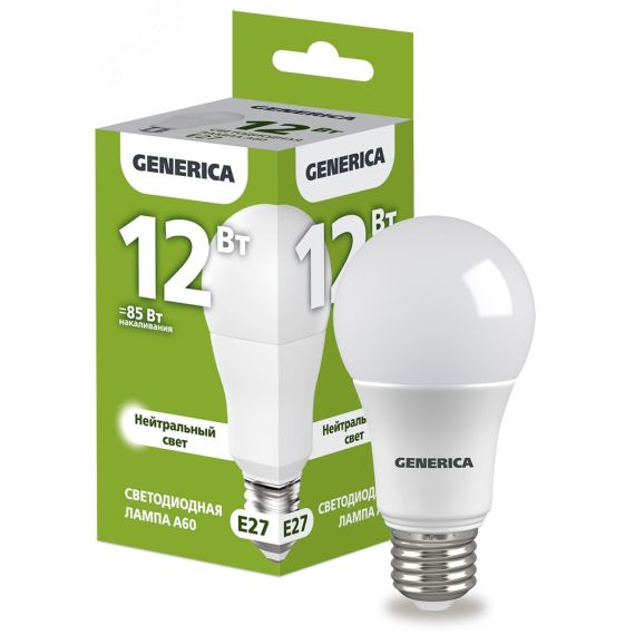 Лампа светодиодная A60 груша 12Вт 230В 4000К E27 GENERICA IEK LL-A60-12-230-40-E27-G