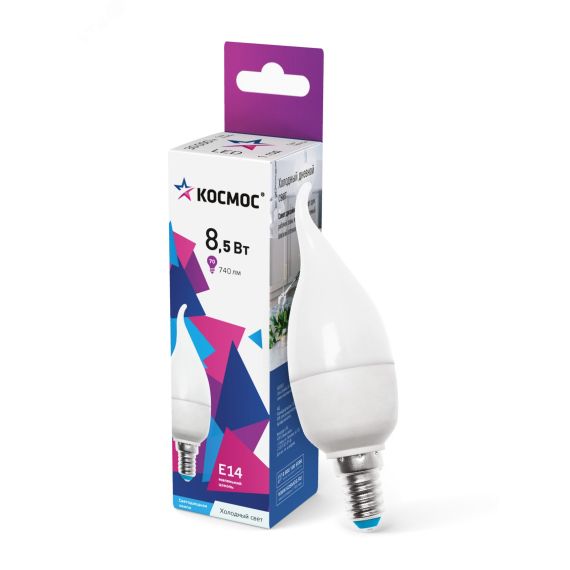 Лампа светодиодная LED 8.5Вт свеча на ветру 220В Е14 6500К холодный 720 лм КОСМОС LkecLED8.5wCWE1465
