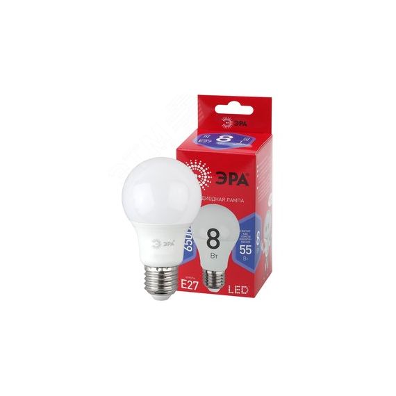 Лампа светодиодная LED A60-8W-865-E27 R (диод, груша, 8Вт, хол, E27) (10/100/1500) ЭРА Б0045323