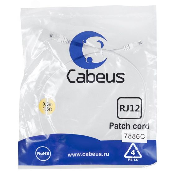 Патч-корд телефонный 2х6р4с, белый, PVC, 0.5 м Cabeus PC-TEL-RJ12-0.5m